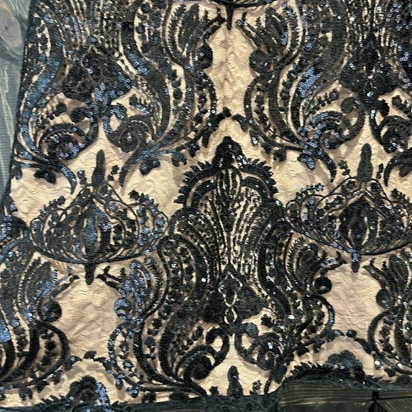 Free People Night Shimmer Mini Dress 8 Black Tan Nude Lace Sequins Cocktail Boho - Picture 3 of 11